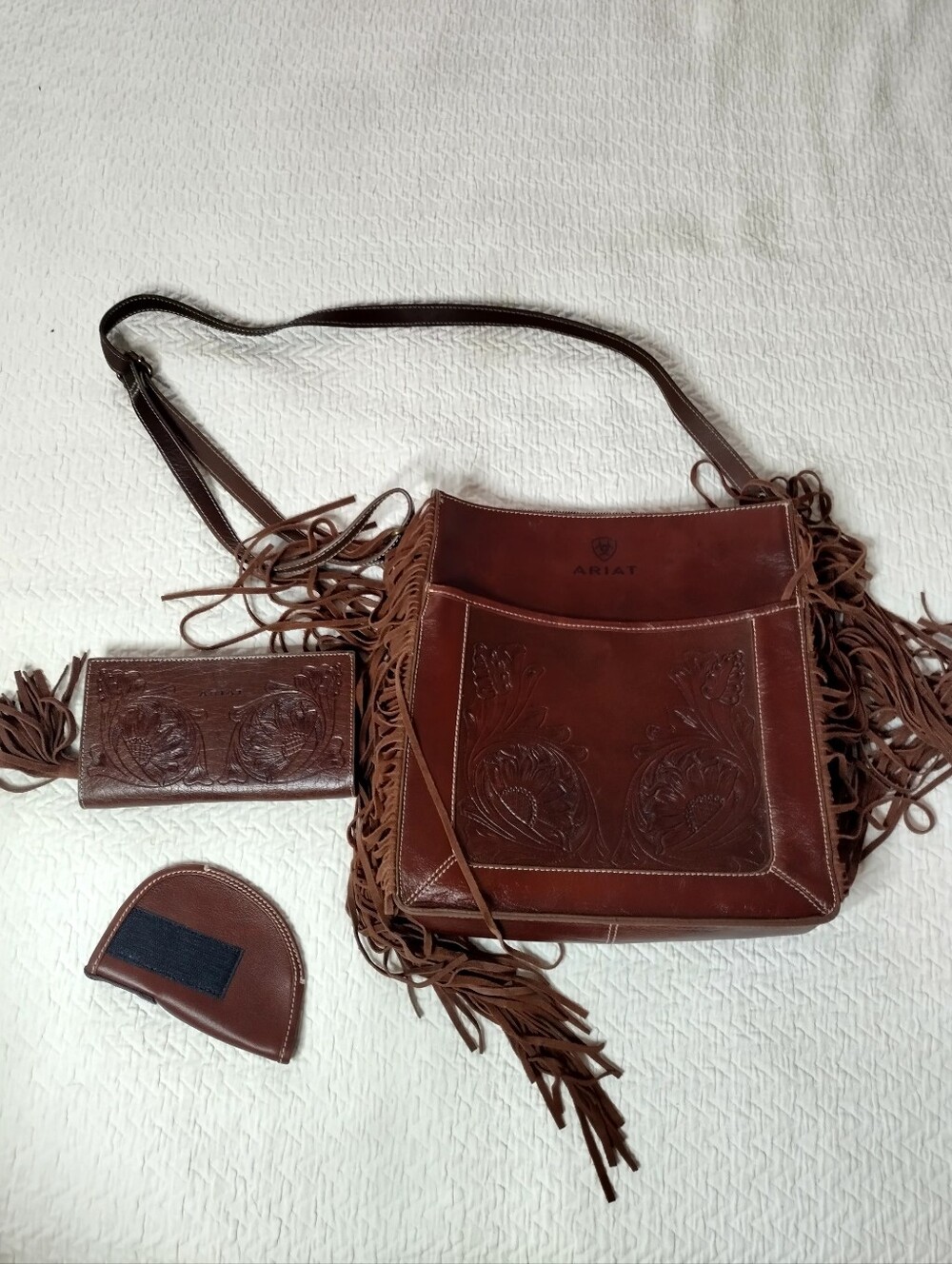 Ariat Victoria Tooled Fring Crossbody + Wristlet+ Conseal Brown Leather